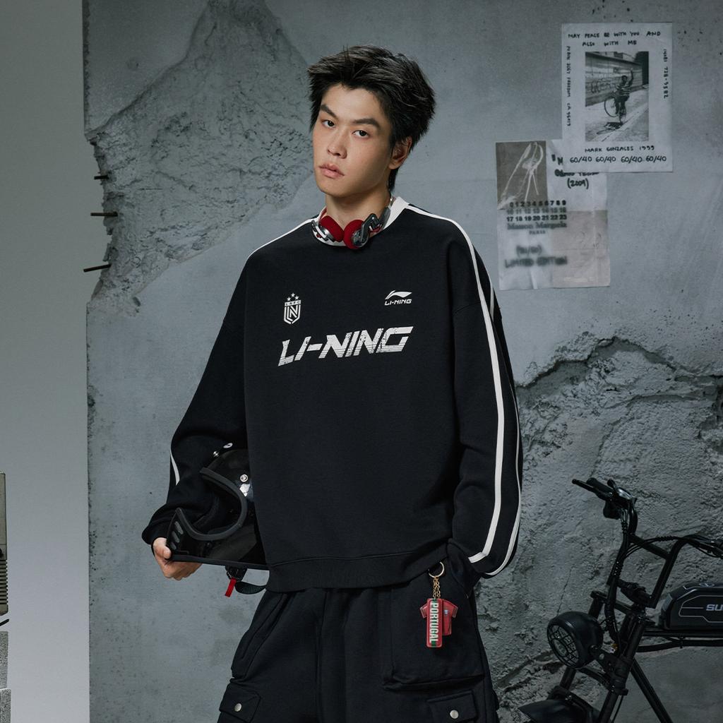 Li-Ning Sports Lifestyle Series Round Neck Retro Color Block Letter Stripe Versatile Loose Sweatshirt Unisex Sweatshirt Black AWDVF87-2