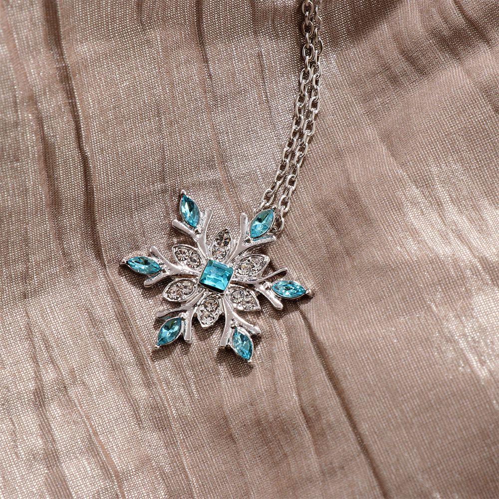 Women Silver Plated Christmas Gift Frozen Snowflake Necklace Rhinestone Crystal Pendant Chain