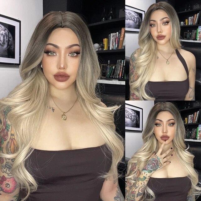 Long Wavy Ombre Black White Synthetic Wigs for Women Heat Resistant Natural Middle Part Cosplay Party Lolita Daily Hair Wigs