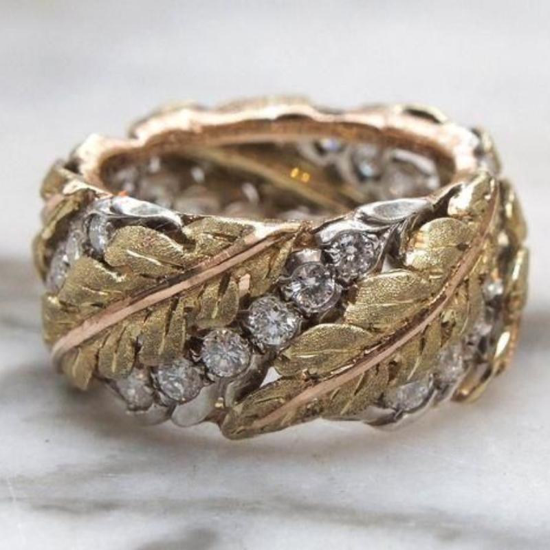 Retro Luxury Wheat Synthetic Zircon Ring Copper Material Women Jewelry Ring For Banquet Matching