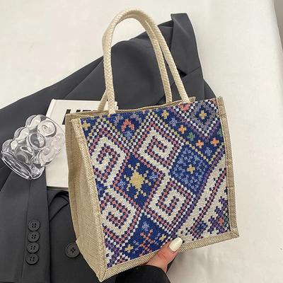 Plátěná taška s výšivkou v etnickém stylu, ekologická taška na potraviny, dívčí kabelka s rukojetí, ležérní knoflík a zip, přenosná taška