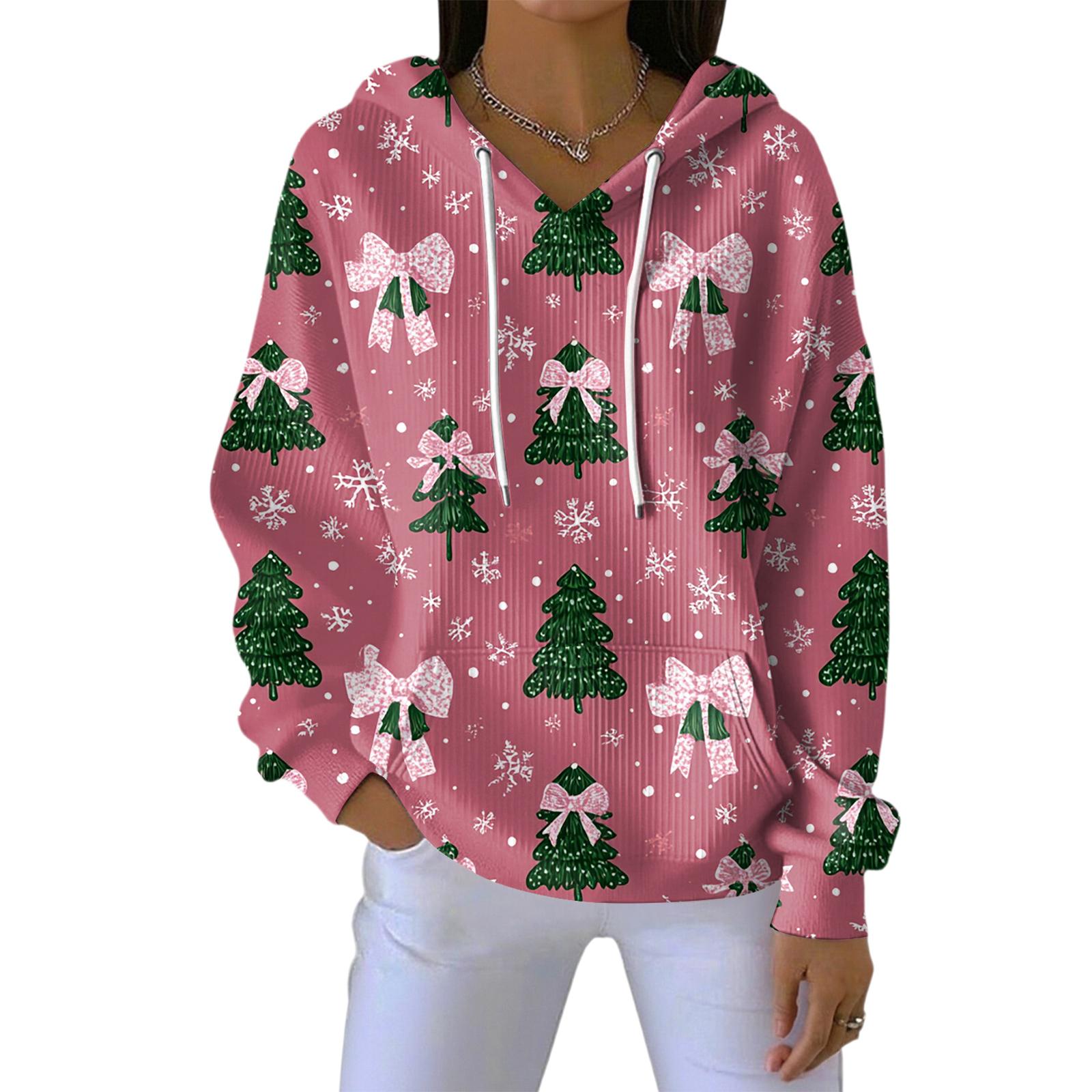 

Women s Loose Comfortable Casual Fashion V-Neck Christmas Print Long Sleeve Hoodie XXL