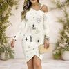 Women Plus Size Chain Strap Cold Shoulder Long Sleeve Printed Asymmetrical Bodycon Dress