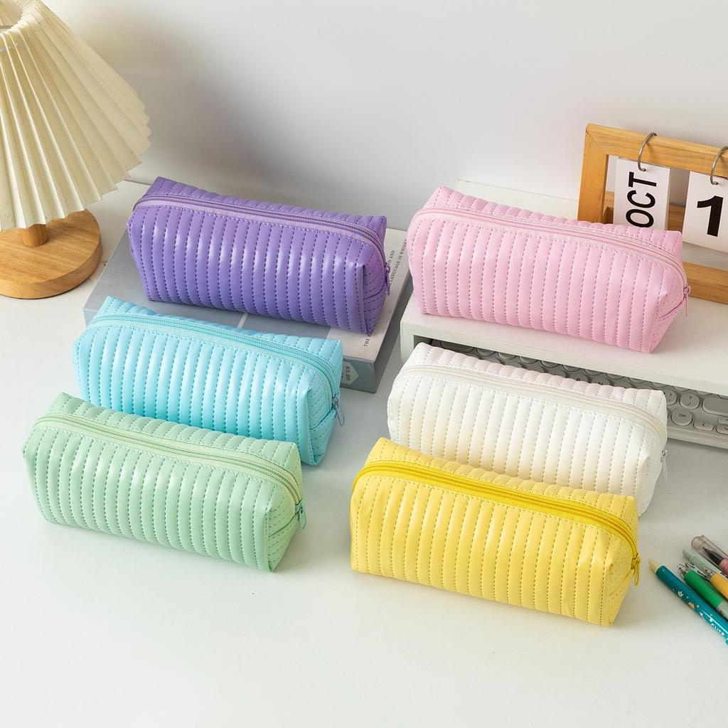 Large Capacity Japanese Style Leather Pencil Case for Female Students - Candy Color