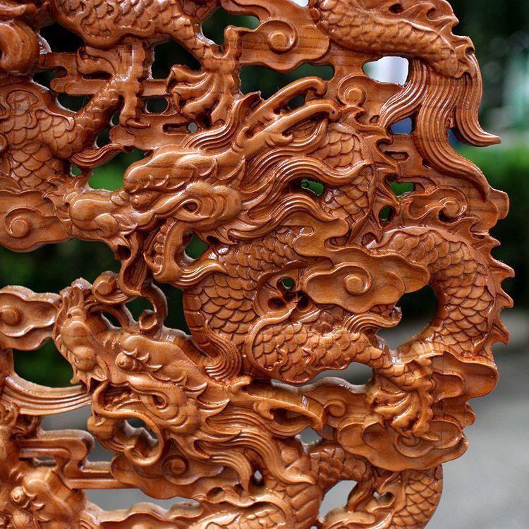 Nine Dragons Peach Wood Pendant: Hand-Carved Hanging Ornament for Home Entrance or Living Room Decor.