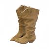 Pointed Thick Heel Pile Boots Tall Boots 2025 Autumn and Winter Khaki Short Boots But Knee Small Boots