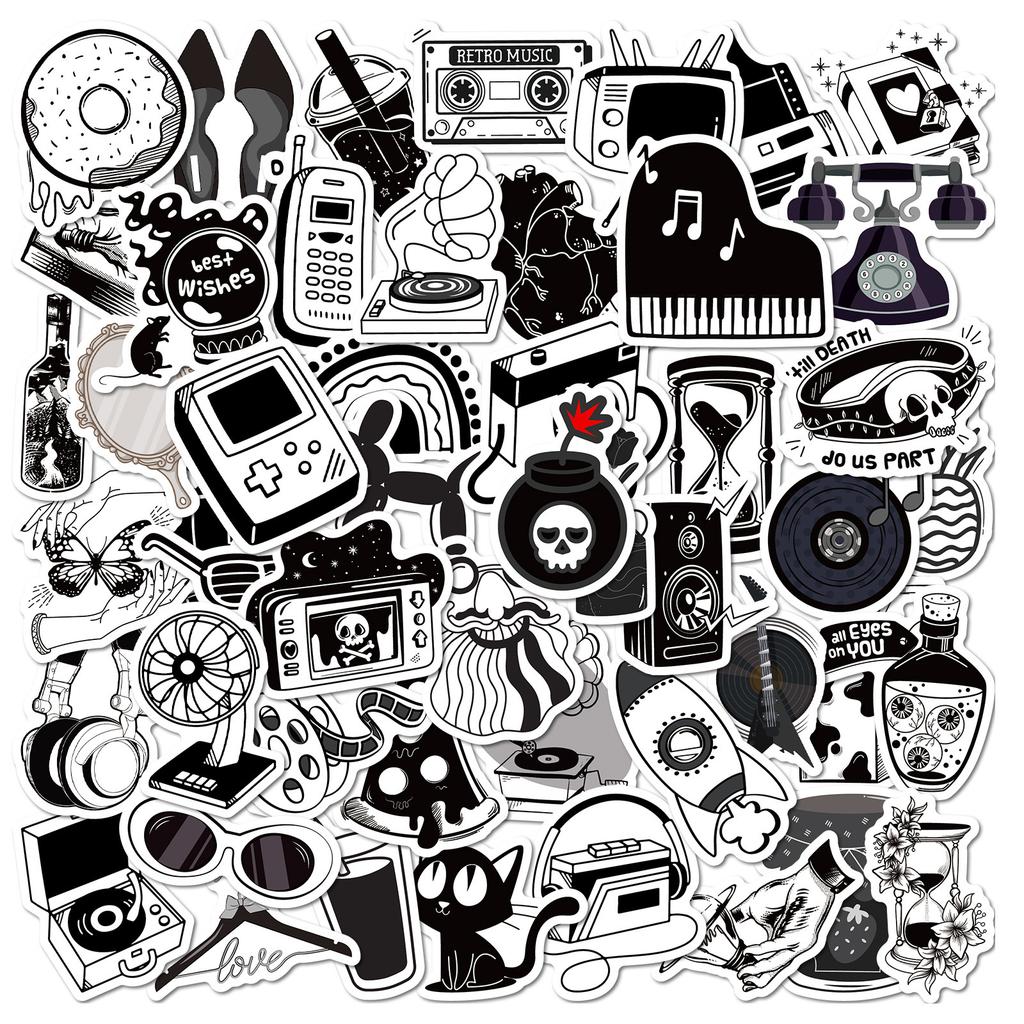 50 Black And White Series Theme Stickers Popular Life Realistic Style Simple Style Retro Graffiti Stickers