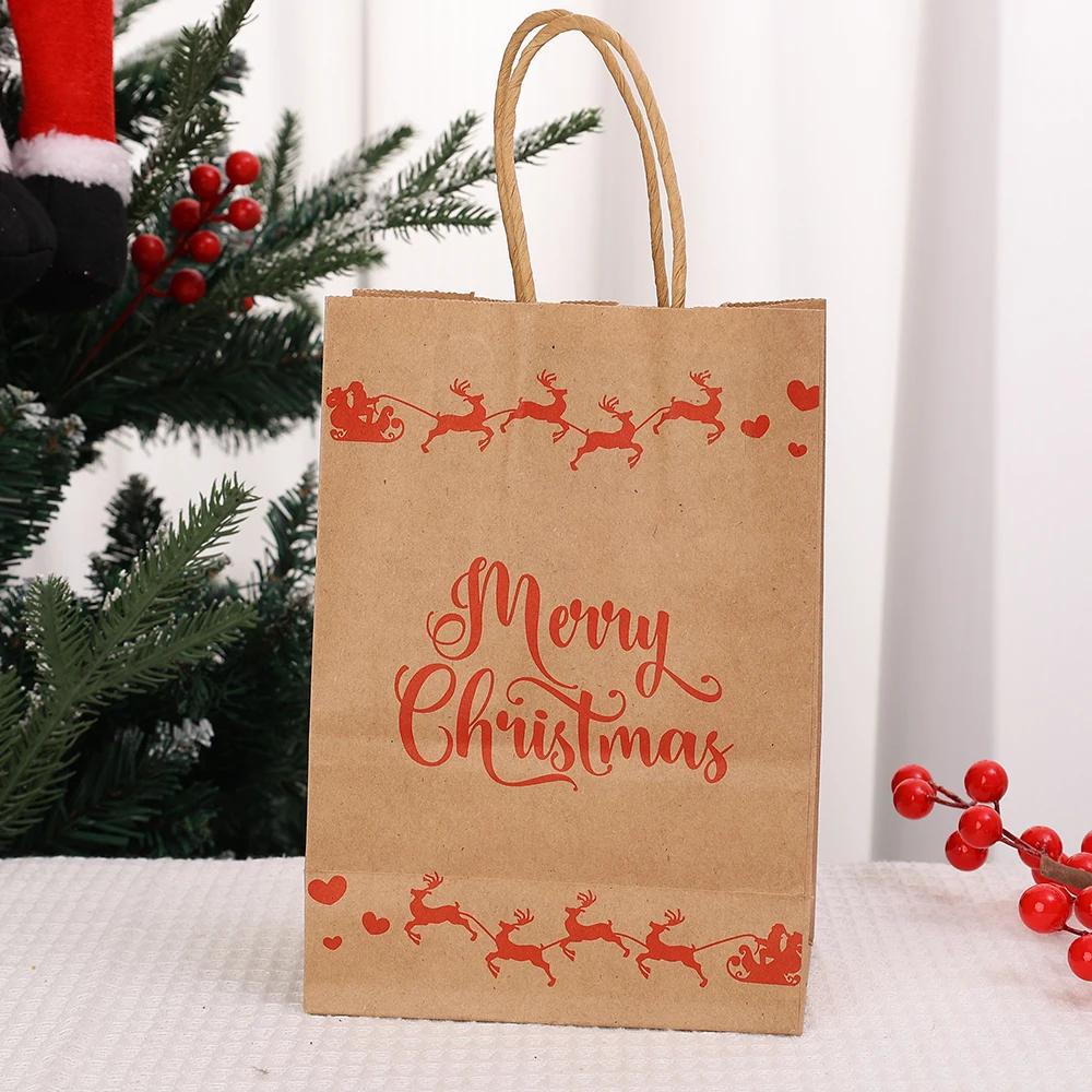 Kraft Paper Bag Christmas Packaging Gift Paper Handbag Santa Claus Snowman Pattern Merry Christmas Home Party Decor Candy Sack