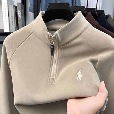 Men's Embroidered Wool Plush Half-Zip Hoodie - Thickened Autumn/Winter Base Layer Top