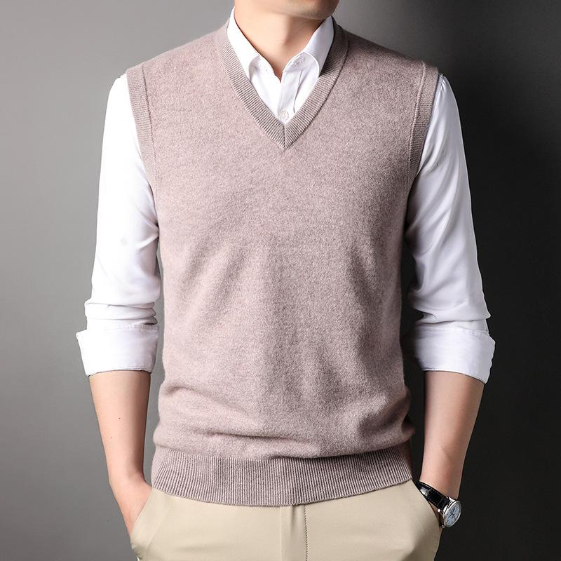 New Autumn and Winter Men's Sleeveless Sweaters Solid Color Warm Vest Cardigan Men's V-neck Vest