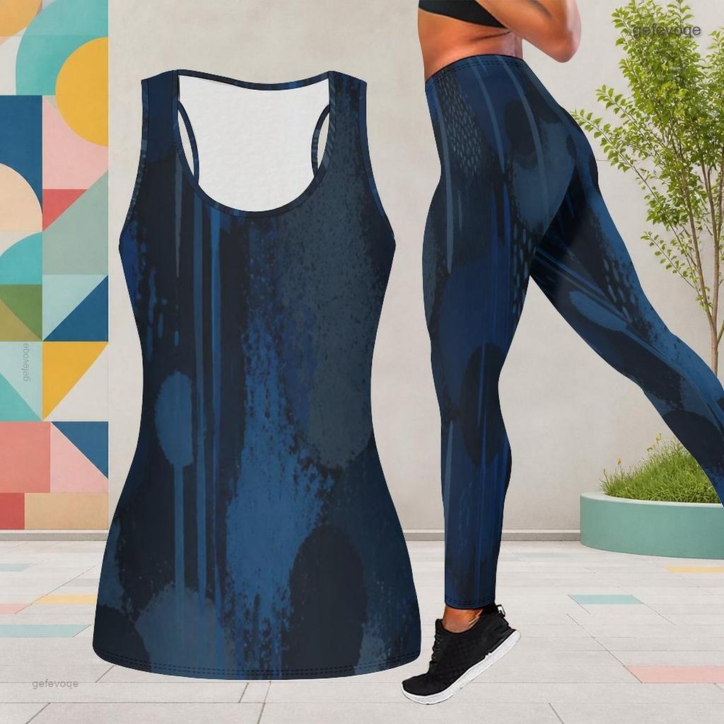Women Plus Size Two Piece Set Scoop Neck Sleeveless Dark Blue Beige Printed Tank Top Fitted Pants