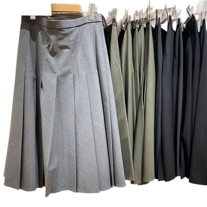 2025 Autumn/Winter Women's Casual Wide Pleated Mid-Length Skirt, Solid Color