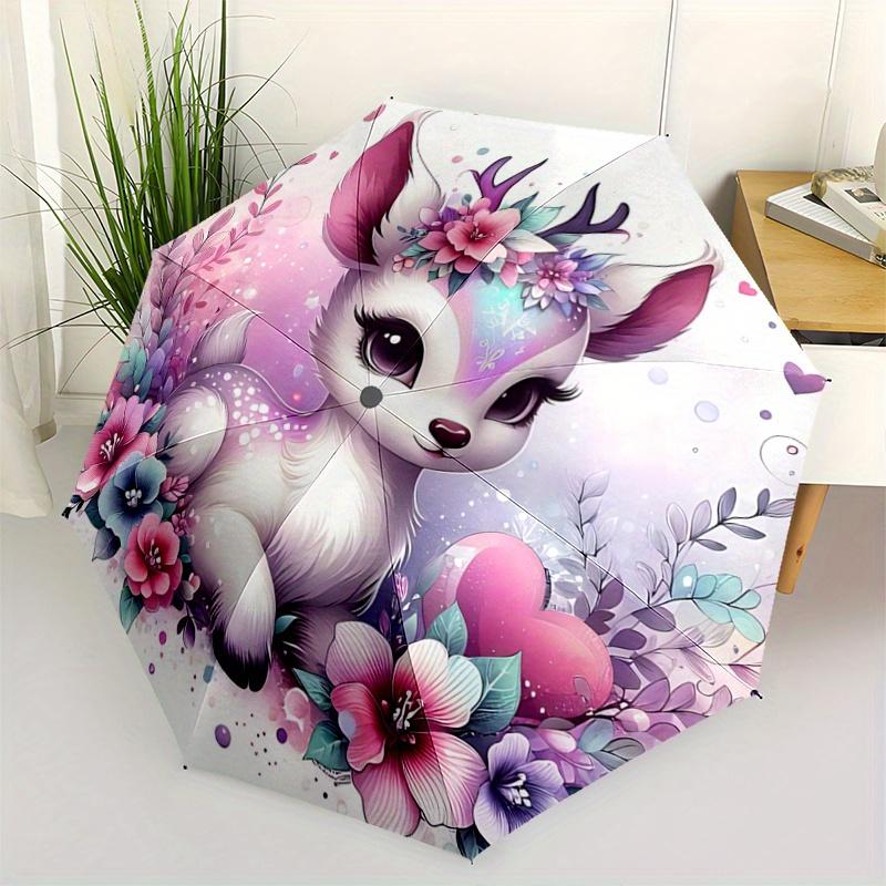 

1pc Beautiful Little Deer Automatic Opening and Closing Umbrella - Lightweight 3-Fold Design, Suitable for Fans, Travel, Daily Use - Officia