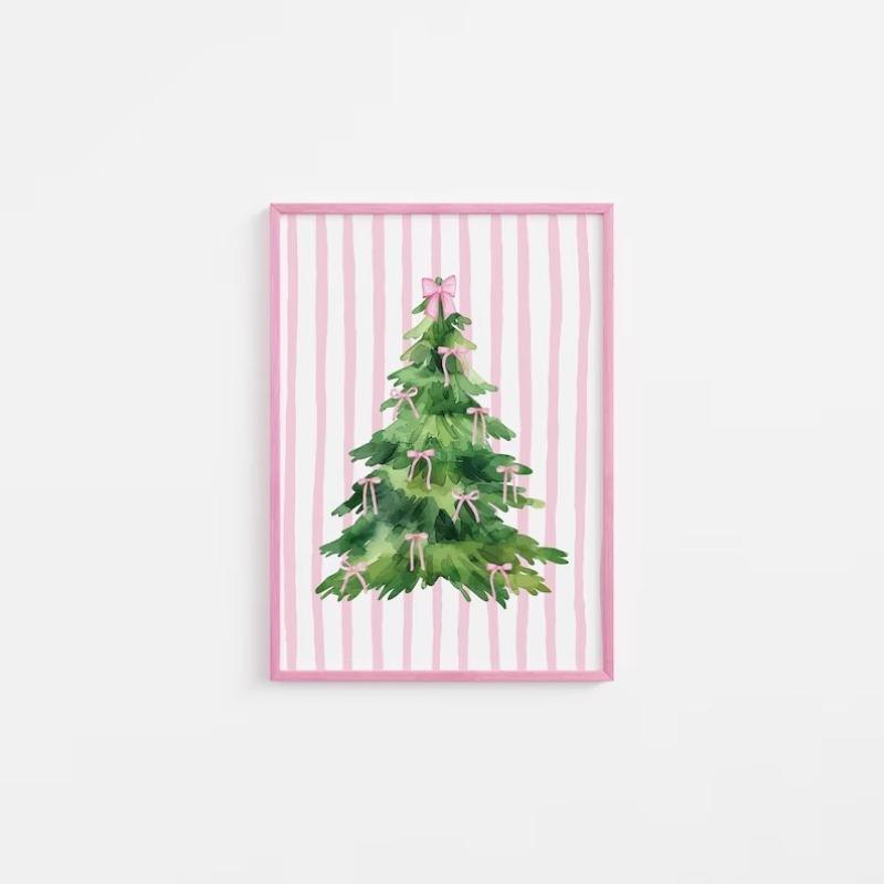 Coquette Christmas Tree Wall Art, Trendy Pink Christmas Prints, Girly Holiday Wall Art, Cute Ribbon Bows Christmas 21X30CMNo Framed
