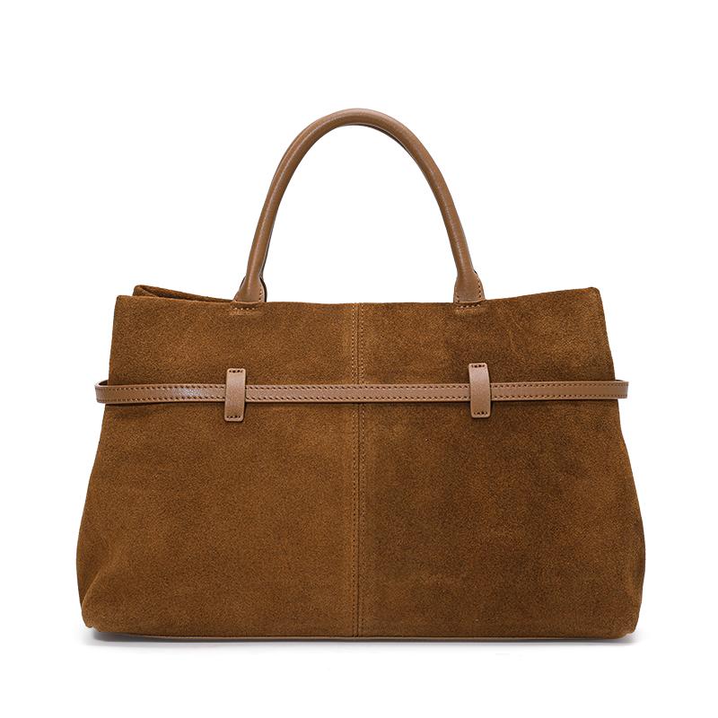 Echte Lederhandtasche, mattierte Rindsleder-Tragetasche für Damen, geräumige Pendler-Aktentasche, Umhängetasche mit flachem