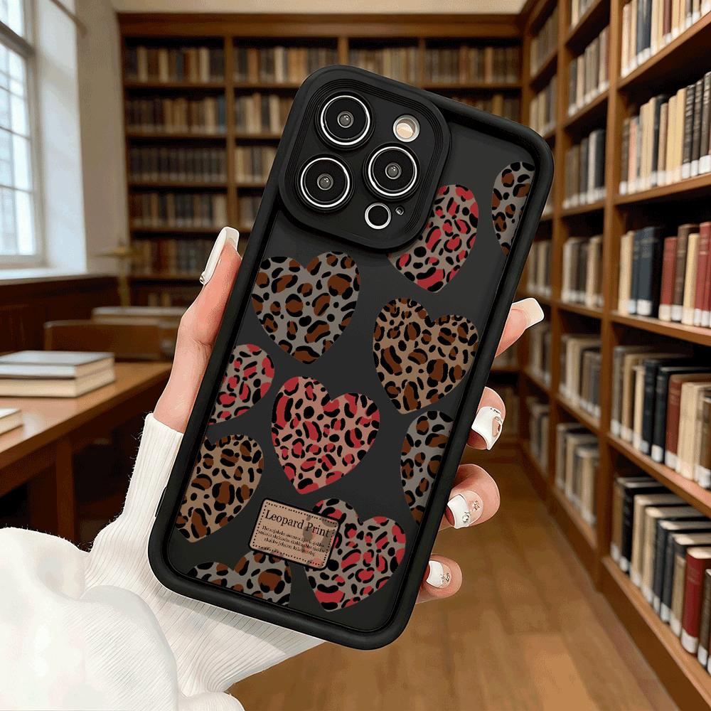 Leopard Print Heart Pattern Soft TPU Phone Case for iPhone 17 16 15 14 13 12 11 Pro Max Plus Shockproof Anti-Slip Cover