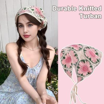 Pastoral Style Headscarf Crochet Flower Pattern Lace-up Knitted Turban Breathable Knitted Headwrap Hair Accessories