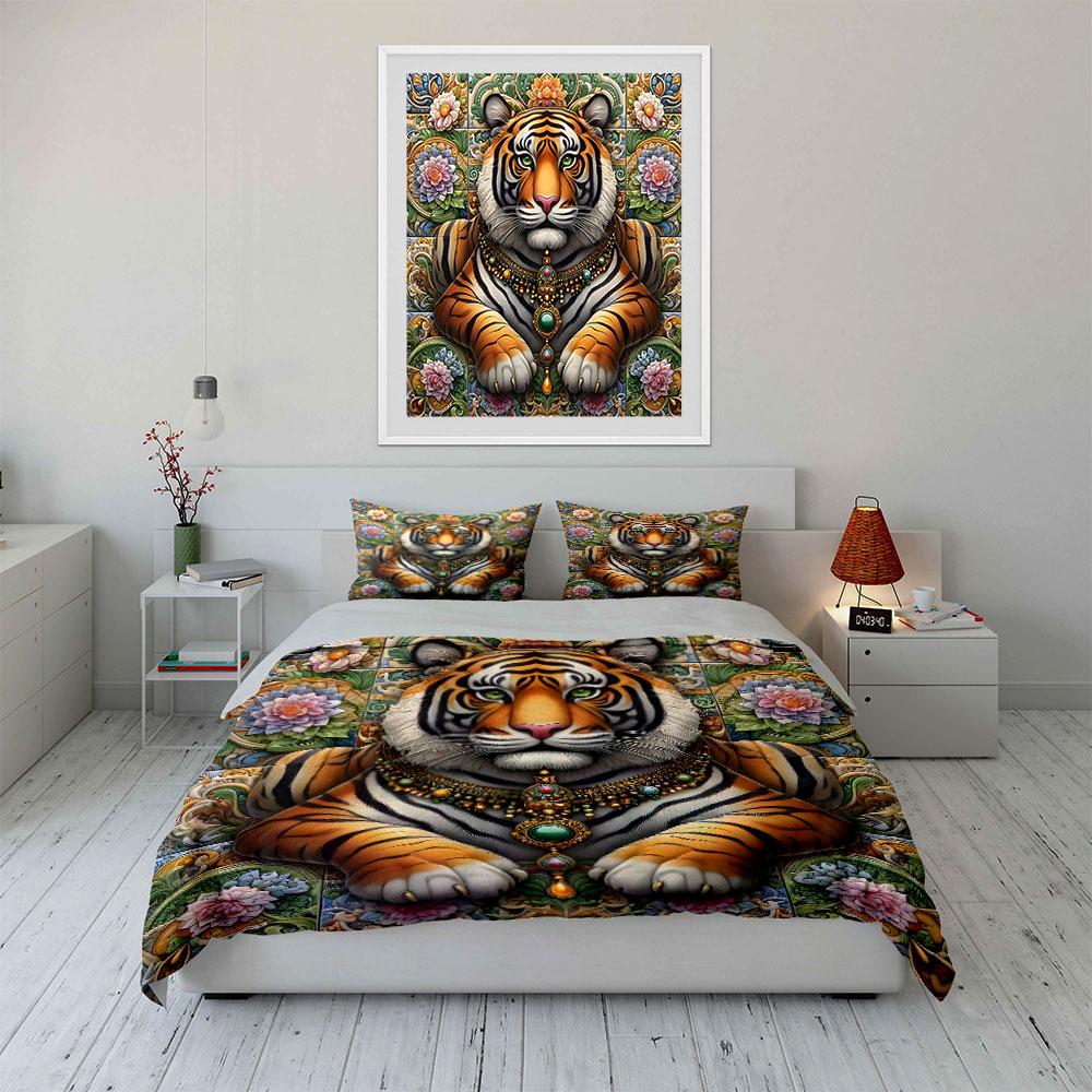 Tiger with jeweled necklace. Bedding sets Duvet cover sets Duvet covers Pillowcases(1 * Duvet Cover 2 * Pillowcases without duvet insert)