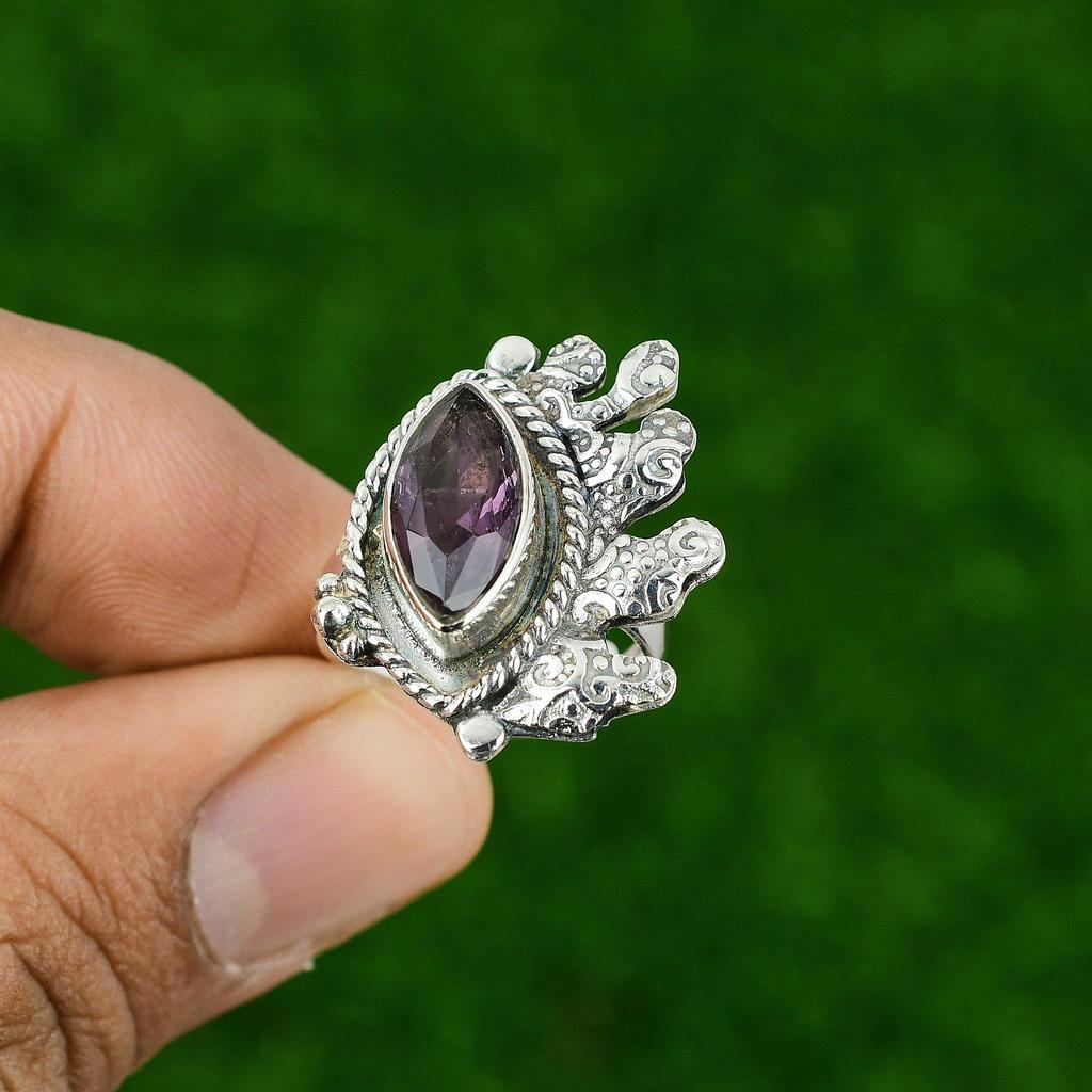 Gift For Her Natural African Amethyst Statement Adjustable Ring 925 Silver