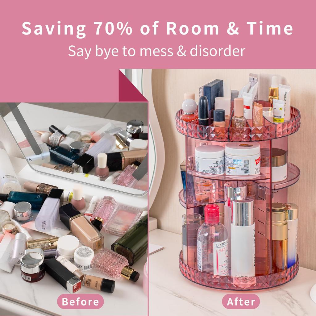 Large Capacity Acrylic Makeup Box with Rotating and Diamond Perfect for Cosmetics and A Gift for Women Pink Diamond Pattern Dividers, 360° Design,