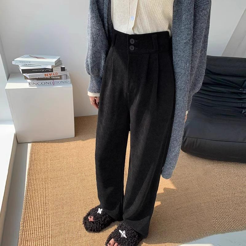 Women's White Corduroy Wide-Leg Pants with Velvet Lining, Petite Fit, Straight Leg - Autumn/Winter.