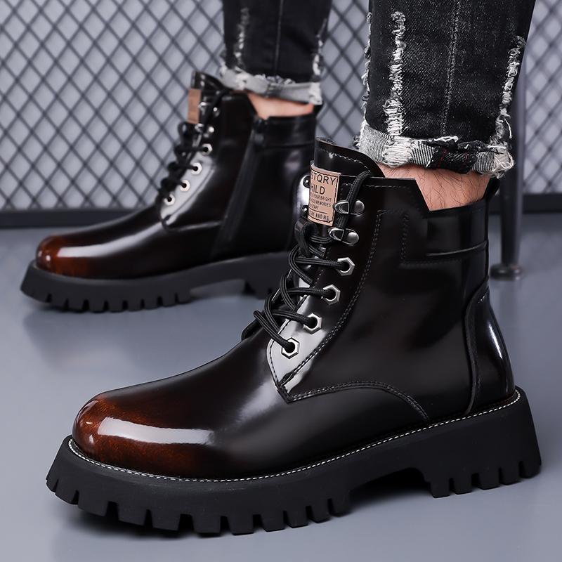 Men High Top Boots PU Thick Sole Low Heel Trendy Ankle Boots Business Casual Men Boots