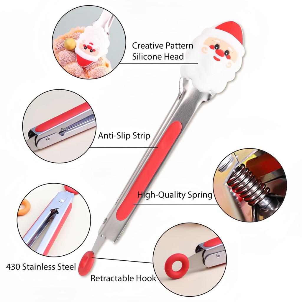 4 ks Vánoční silikonové mini kuchyňské kleště, sada kuchyňských festivalových párty kleští na servírování jídla, kostek ledu, ovoce, cukru a sušenek