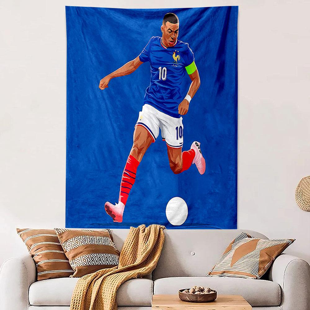 Kylian Mbappe France Number 10 Football Wall Tapestry Blue Jersey Dribbling Pop Art Vector Decor for Boys Bedroom Man Cave Gift