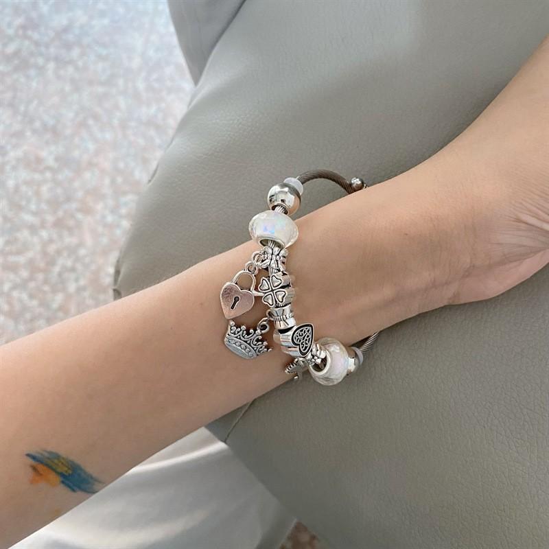 No Ip Stainless Steel Heart Crown Bracelet With Fluorescent Beads For Girls And Teens