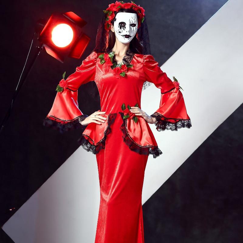 Scary Ghost Costume For Halloween Zombie Bride Retro Red Dress Cosplay