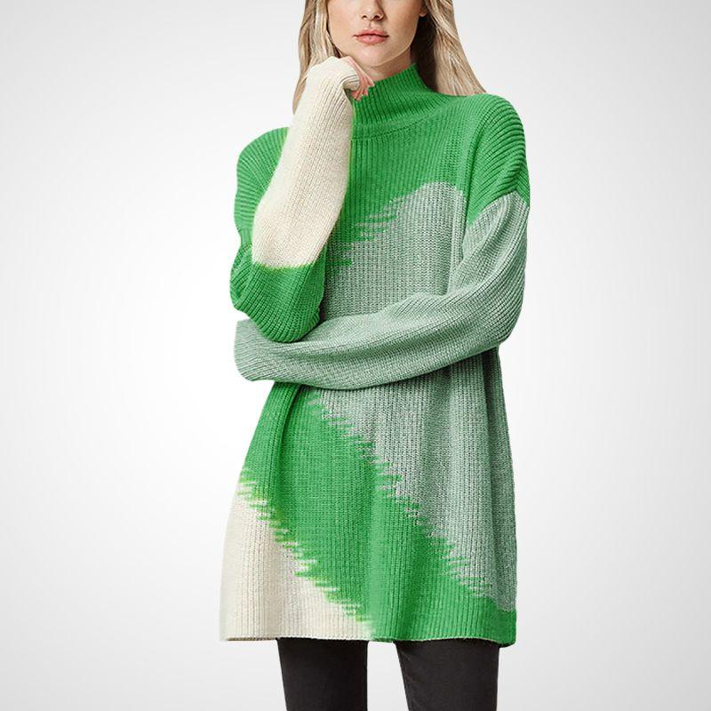 

Idle Style Color Contrast Patchwork Dress Sweater Women s 2025 Fall New Arrival Loose Chic Half Turtleneck Knitting Skirt Green S