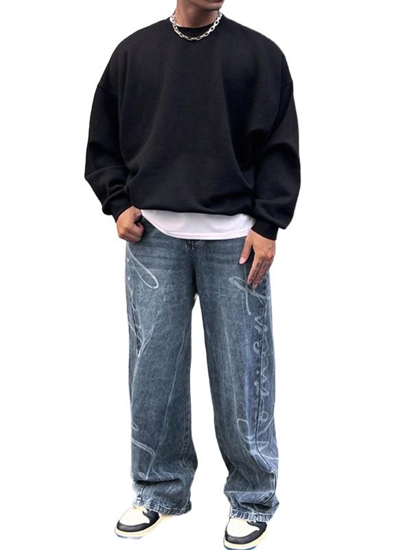 Men's Retro Letter Print Wide Leg Jeans - Artistic High Street Style