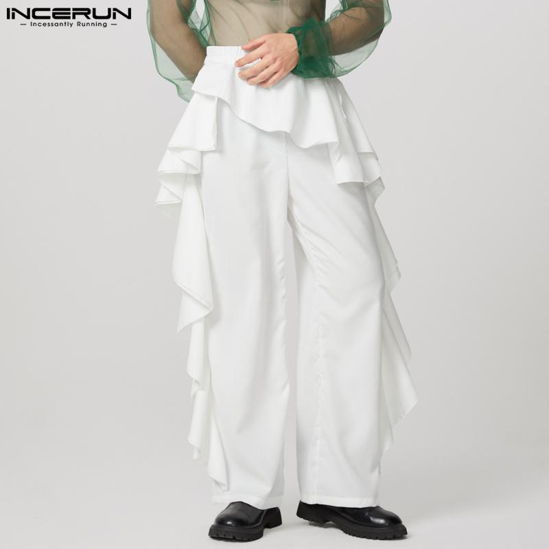 INCERUN Herrenhose mit elastischer Taille, einfarbig, unregelmäßige Rüschen, lange Hose