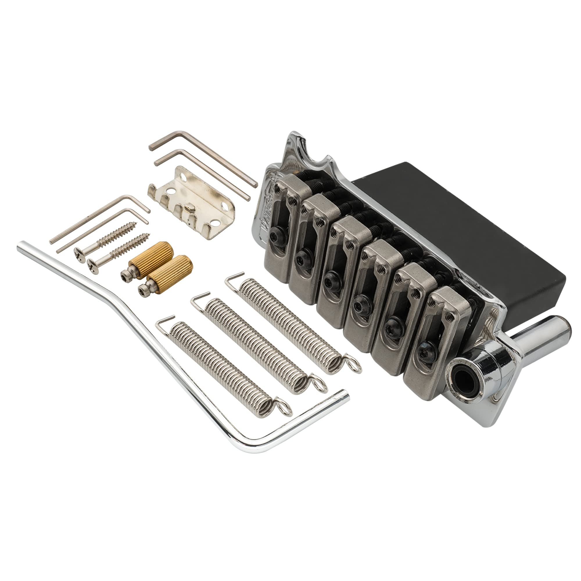 

Wilkinson WVS50IIK Тремоло-бридж с двумя точками крепления и стальными седлами с шагом струн 10,5 мм, стальным блоком для USAMexicoJapanKorea Stratocaster, хром