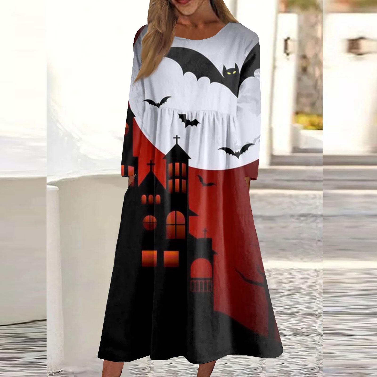 

Женское повседневное платье средней длины с круглым вырезом и принтом, платье с длинными рукавами и карманами M красный