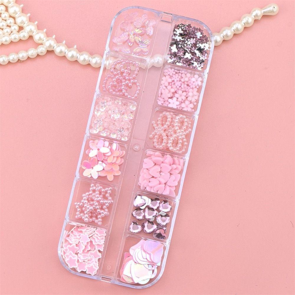 12 Grids Mix Styles Nail Charms Shiny Rhinestones 3D Butterfly Nail Art Decor Pearl Sweet Bow Flower Nail Ornaments DIY