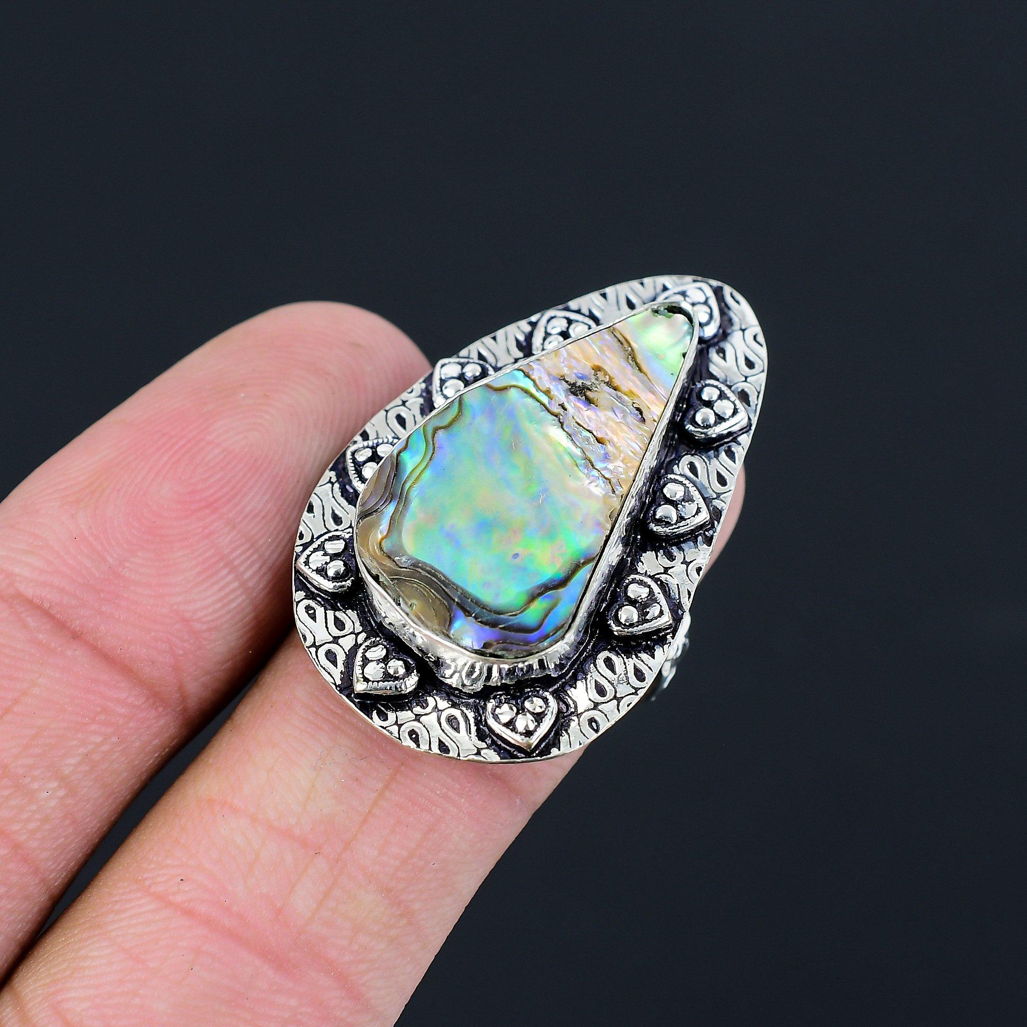 

925 Sterling Silver Natural Abalone Shell Wedding Stackable Mother Ring Size 8.5 8.5