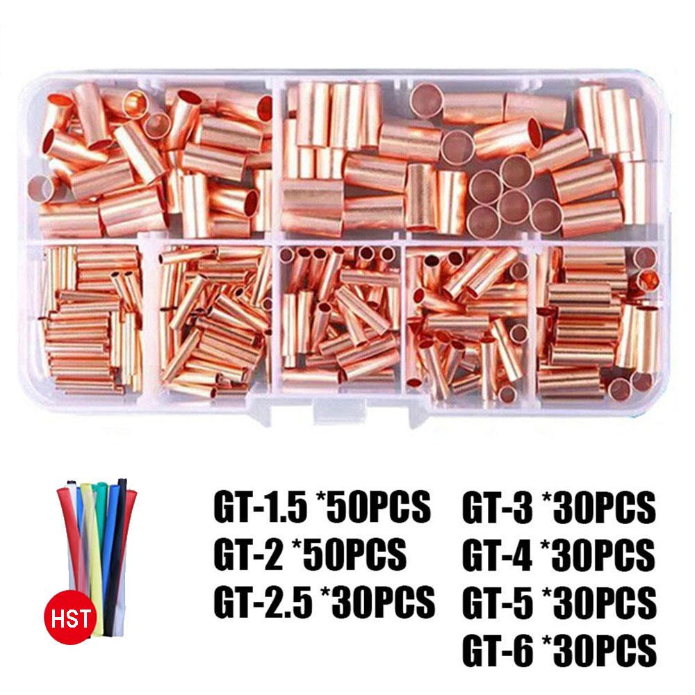 250Pcs Wire Ferrules Kit 7 Sizes Copper Crimp Connectors Non Insulated with Heat Shrink Tube Electrical Terminal Assortment Kit