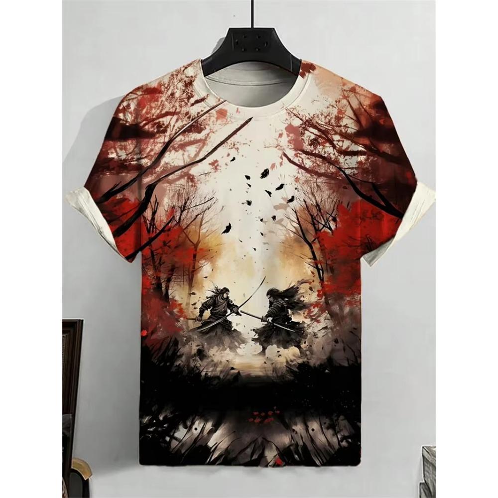 T-shirt Nouveau Style Japonais Encre Samouraï Impression 3D T-shirt Hommes Femmes Mode Hip Hop Manches Courtes Hauts T-shirts Vêtements Hommes