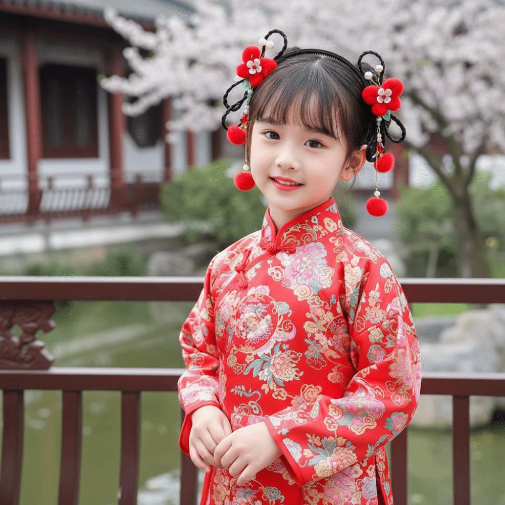 Flower Chinese New Year Headwear Butterfly Ancient Style Red Hairband Children Wig Headband Daily