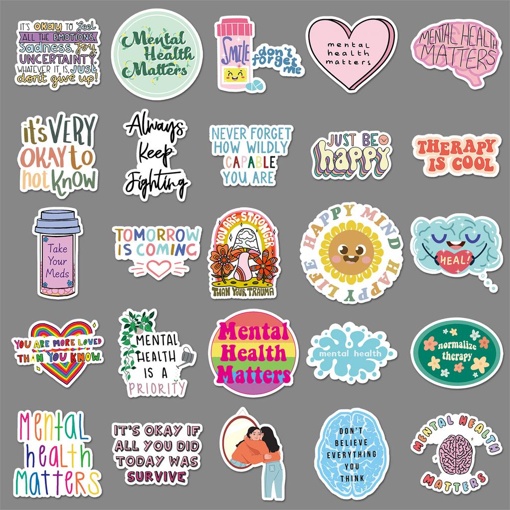 50 Mental Health Doodles Personalized Prevention of Depression English Slogan Decorative Mobile Phone Case Suitcase Stickers