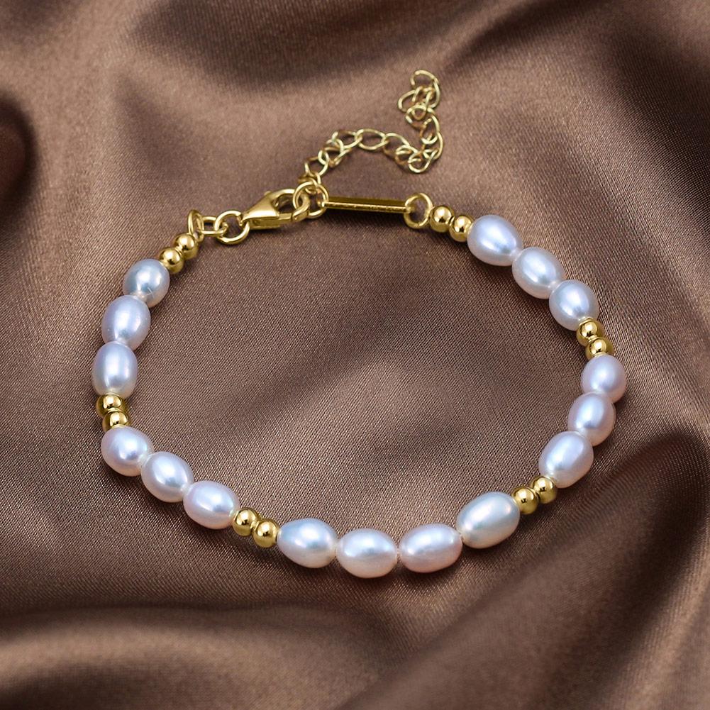 Elegant Gold Beads with Cultured Freshwater Pearl Bead 925 Sterling Silver Bracelet Jewelry Factory
