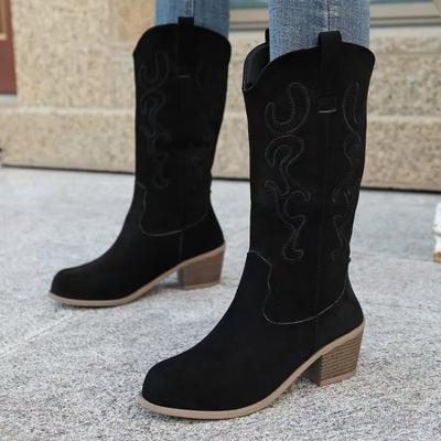 Winter neue gestickte britische Stil Ärmel mittlerer Absatz Ritterstiefel große Größe spitz Western Cowboy Stiefel