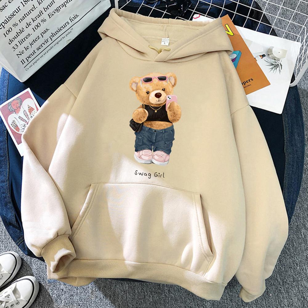 Street Teddy Bear Selfie Swag Girl Funny Women Clothes Breathable Loose Hoodies Harajuku Pocket Sweatshirt Soft Crewneck Hoody