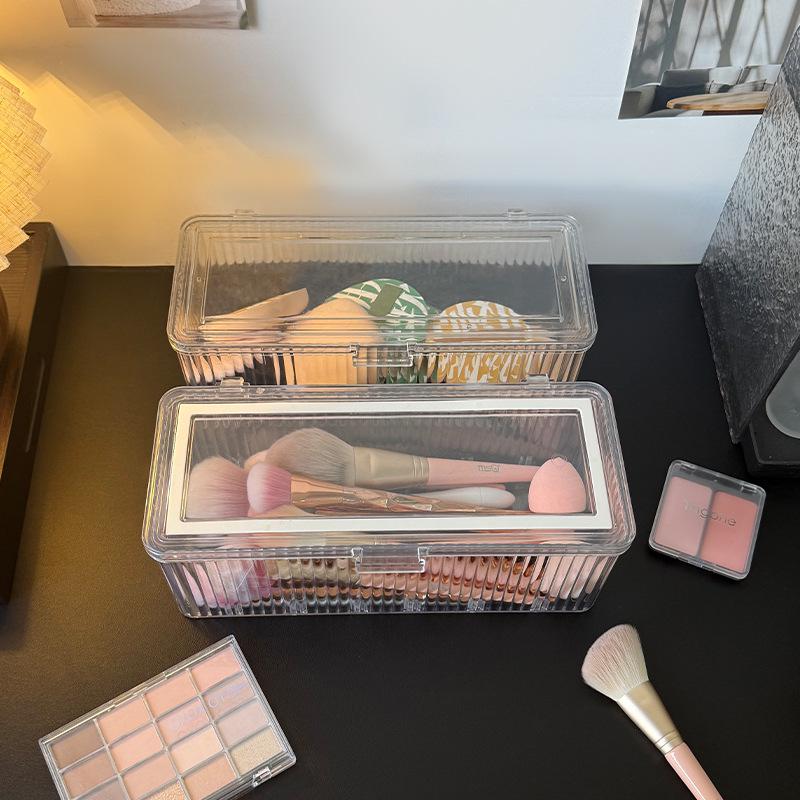Transparent Dustproof Makeup Brush Storage Box with Lid - Large Capacity Vanity Organizer