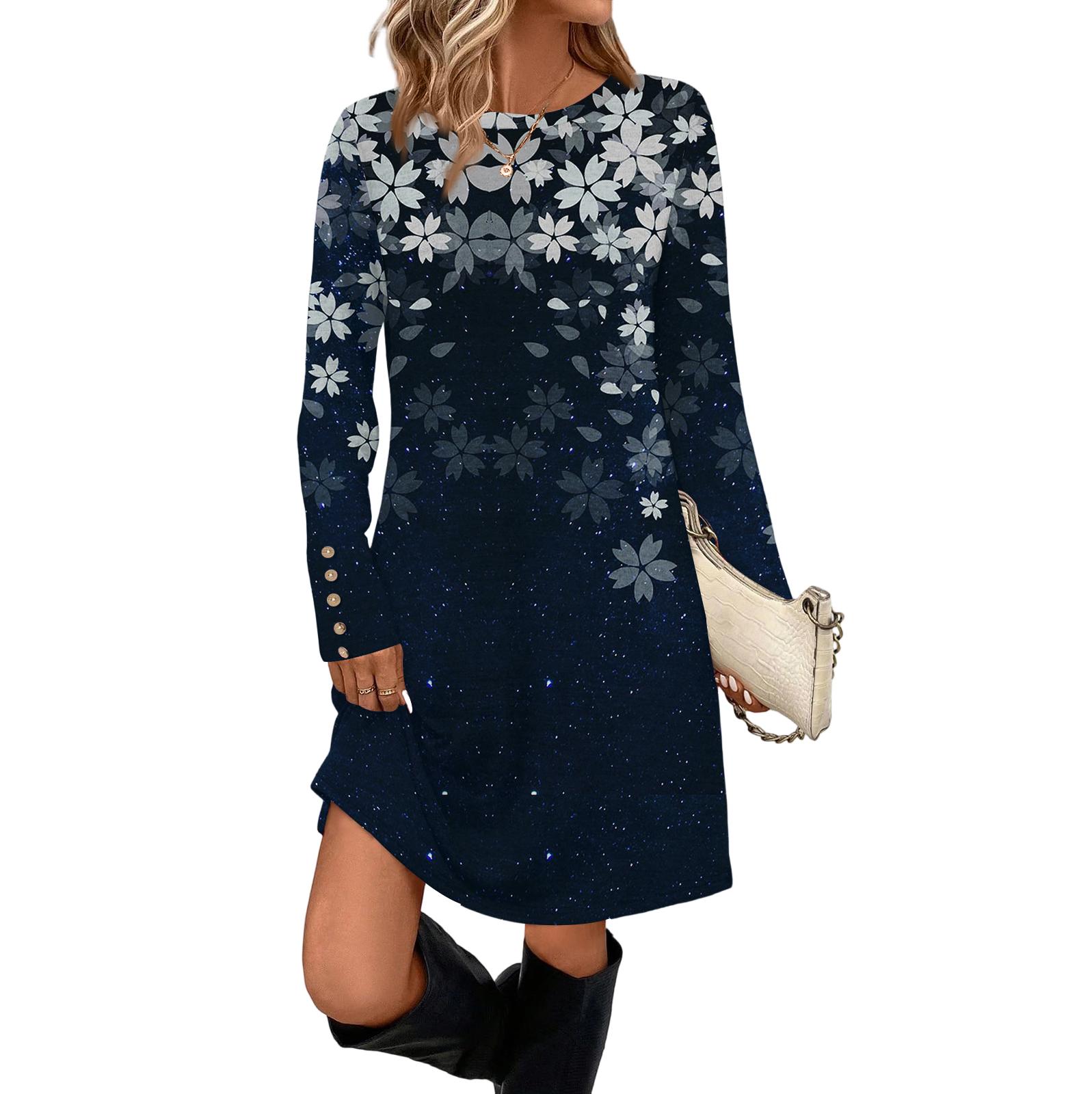 

Женское модное повседневное платье с карманом, декоративными пуговицами, круглым вырезом и длинными рукавами XXL тёмно-синий