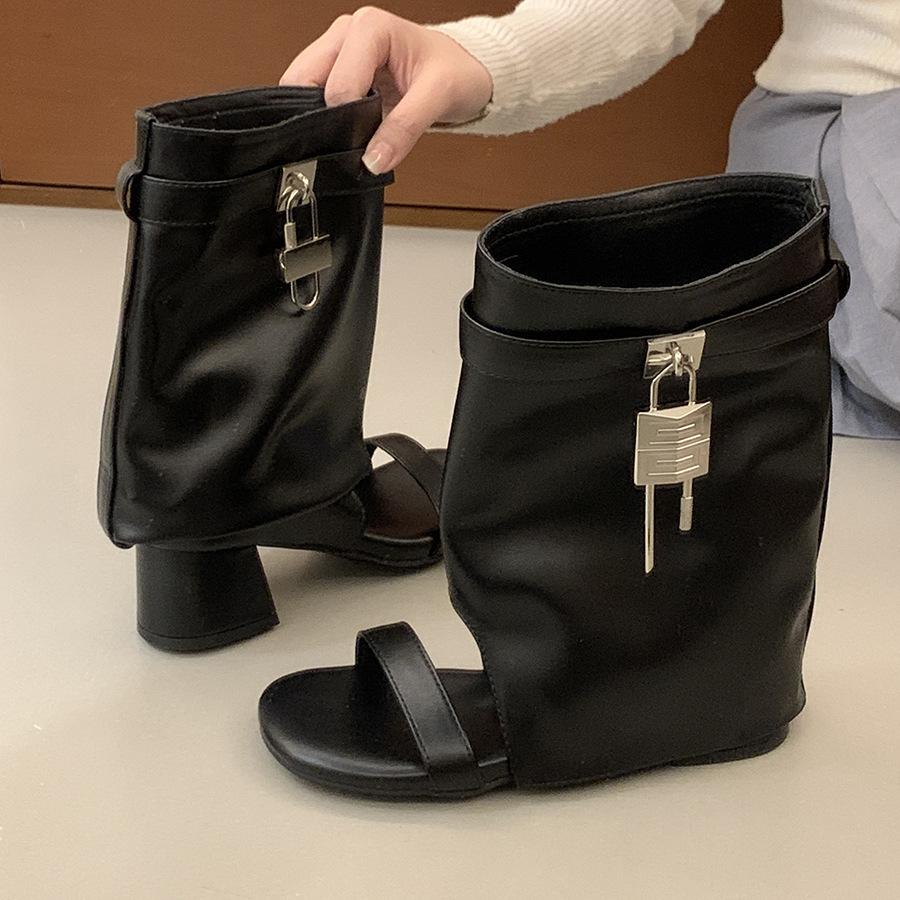 Thick Heel Black Internet Celebrity Hottie Open-toed Cool Boots Women's Shoes Summer Vacation Skirt High Heel Pants Short Boots