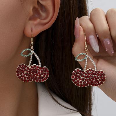 New Creative Personalized Fruit Red Cherry Full Diamond Stud Earrings Personalized Niche Women Cute Girl Earrings