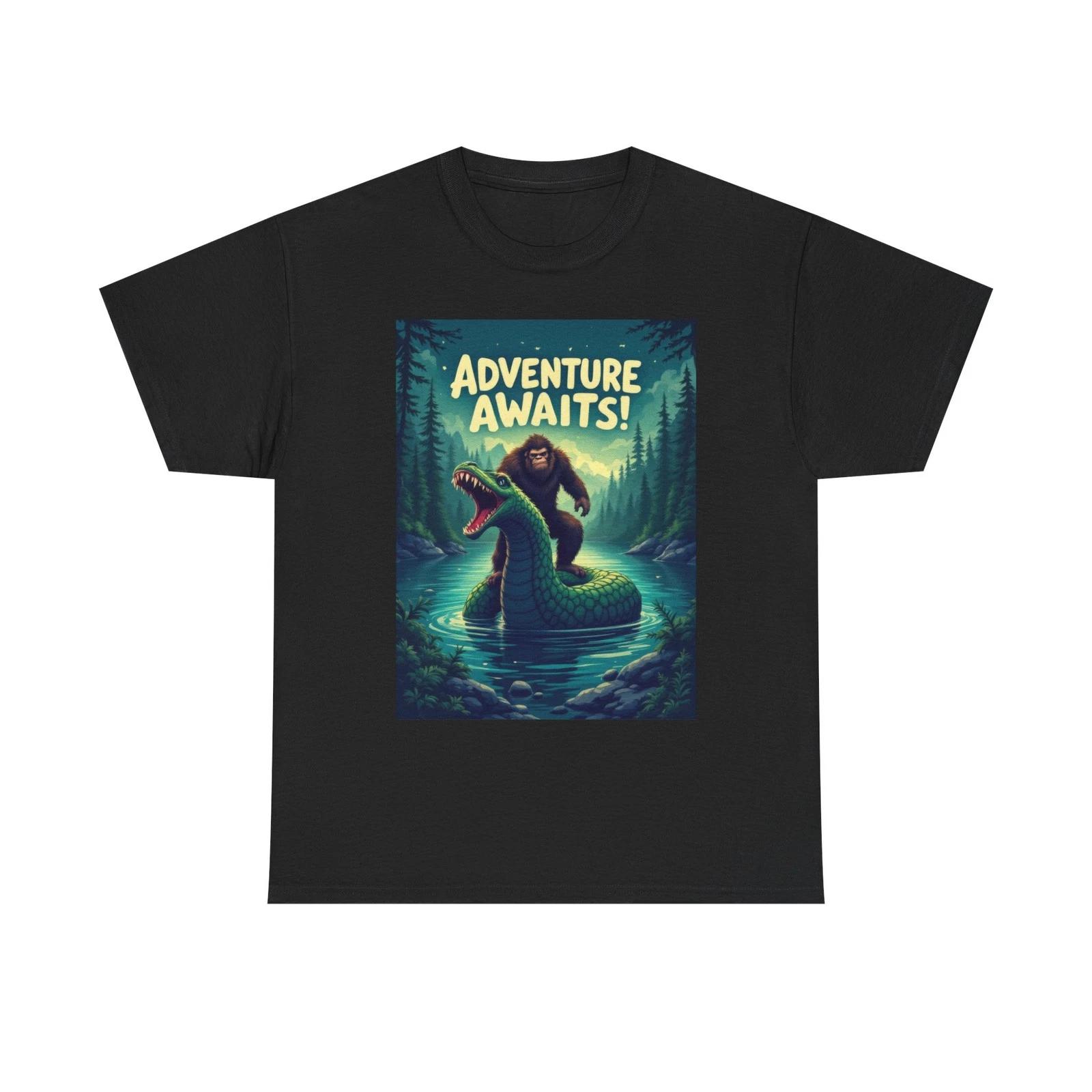 Bigfoot on Loch Ness Monster Tee | Fun Mythical Adventure Shirt Funny Sasquatch S