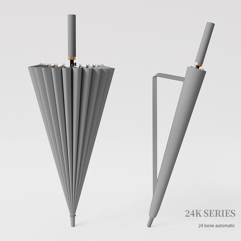 24-Rib Long-Handle Umbrella, Large Automatic Reinforced Heavy Rain-Resistant Windproof Black Business Straight Umbrella